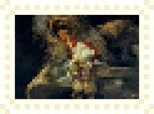 Saturn Devouring His Son pixelated on a postage stamp and a link