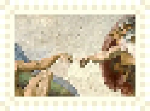 The Creation of Adam pixelated on a postage stamp and a link